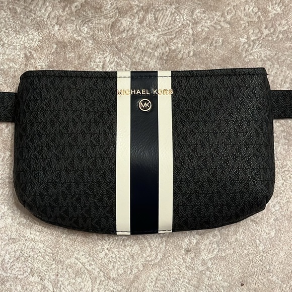 Brand New Michael Kors Center Stripe Belt Bag Zippered Fanny Pack Black & Blue - Picture 3 of 15